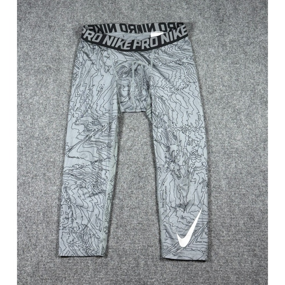 Nike Pro Tight Mens Medium Gray Waves 3/4 Compression Workout Gym Training